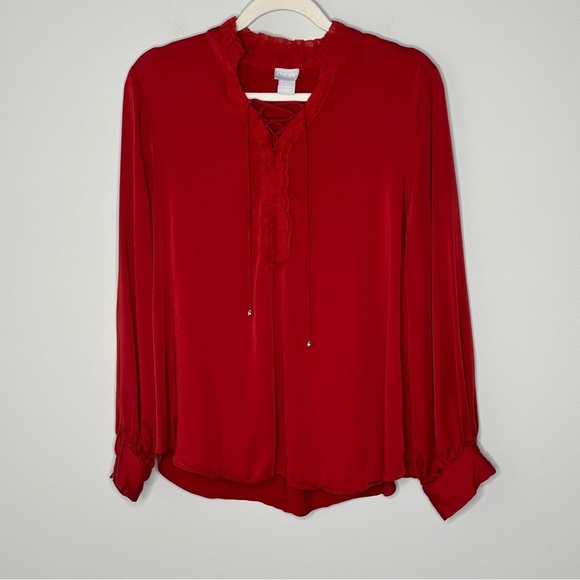 Chicos Size 2 Large Sandwashed Satin Ruffle Blouse Orange Red Lace Up Blouse Top - Picture 5 of 13